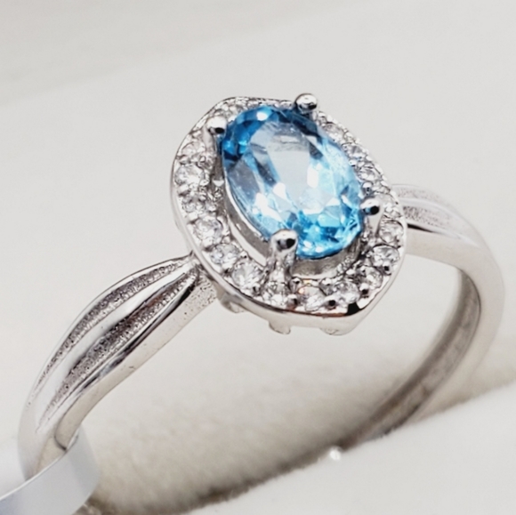 Natural Swiss Blue Topaz Sterling Silver Diamond Halo Ring - Picture 4 of 4